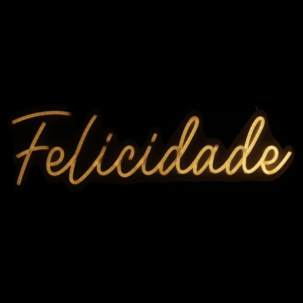 PLACA NEON FELICIDADE. BIVOLT C/LUZ FIXA (BRANCO QUENTE) 20X60cm