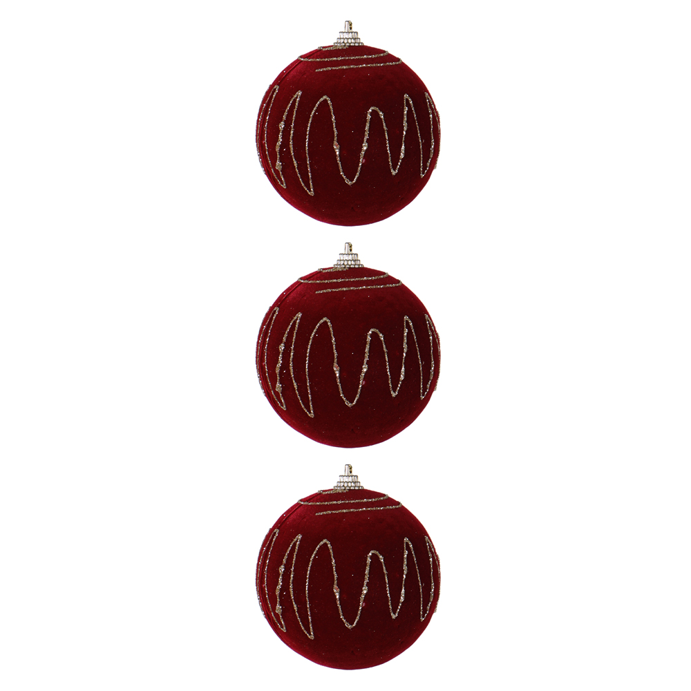 BOLAS DECORADAS AVELUDADA NATAL C/3 (vermelho dourado) 8D