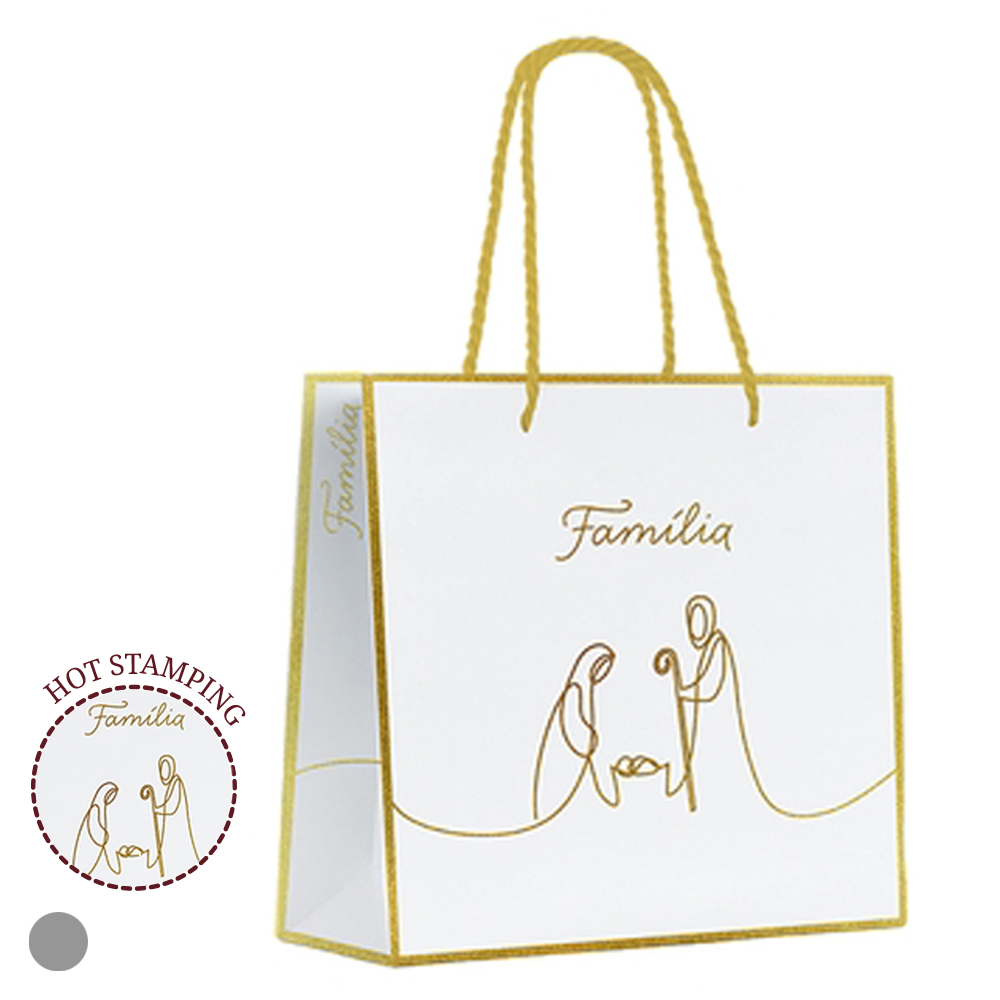 SACOLA PAPEL HOT STAMPING (BRANCO DOURADO) 15,5X14X7cm