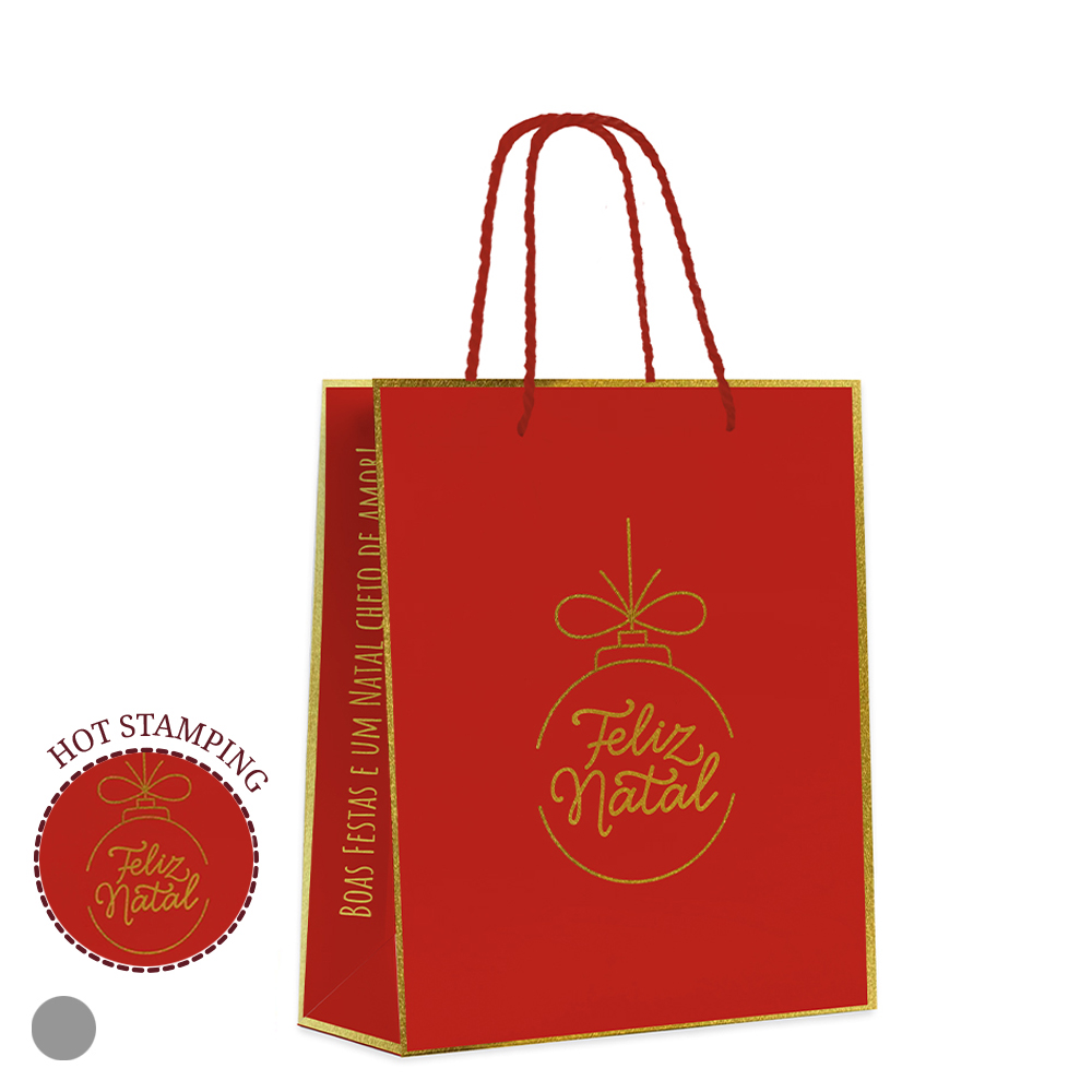 SACOLA PAPEL HOT STAMPING (VERMELHO DOURADO) 23X18X10cm