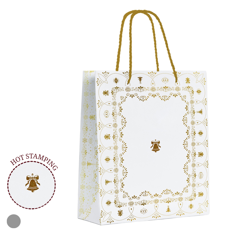 SACOLA PAPEL HOT STAMPING (BRANCO DOURADO) 23X18X10cm