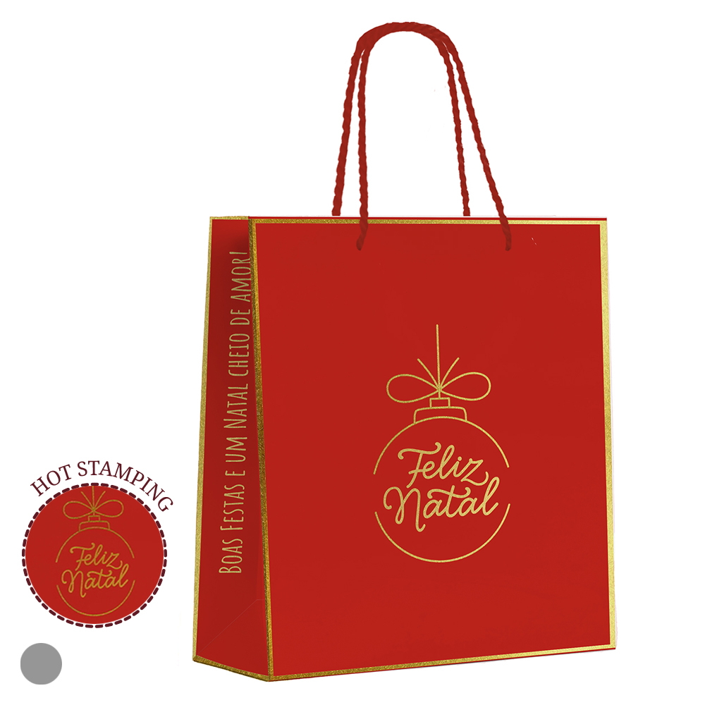 SACOLA PAPEL HOT STAMPING (VERMELHO DOURADO) 32X26X12cm