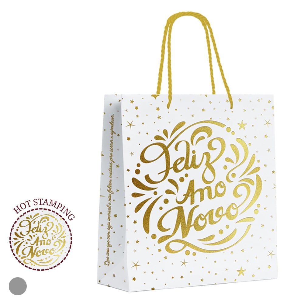 SACOLA PAPEL HOT STAMPING (BRANCO DOURADO) 32X26X12cm