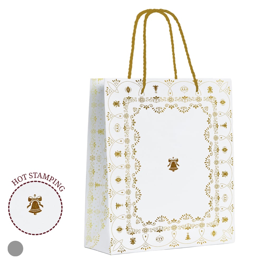 SACOLA PAPEL HOT STAMPING (BRANCO DOURADO) 32X26X12cm