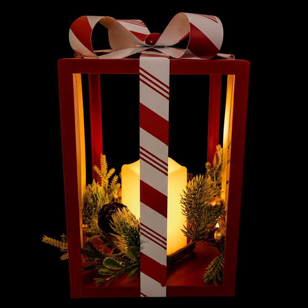 NATAL LANTERNA  DECORATIVA C/LED 26,5X16X16cm (VERMELHO BRANCO)