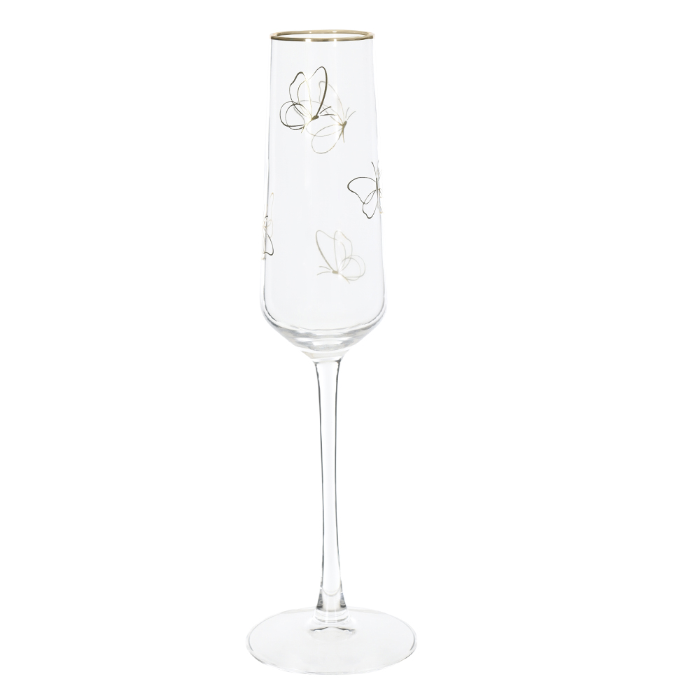 CJ TACAS CHAMPANHE 185ml 26,2X7cm C/4 PCS BORBOLETAS (TRANSPARENTE BD.DOURADA)